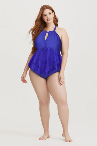 Chic Blue Lace Surplice Peplum Plus Size One Piece Swimsuit