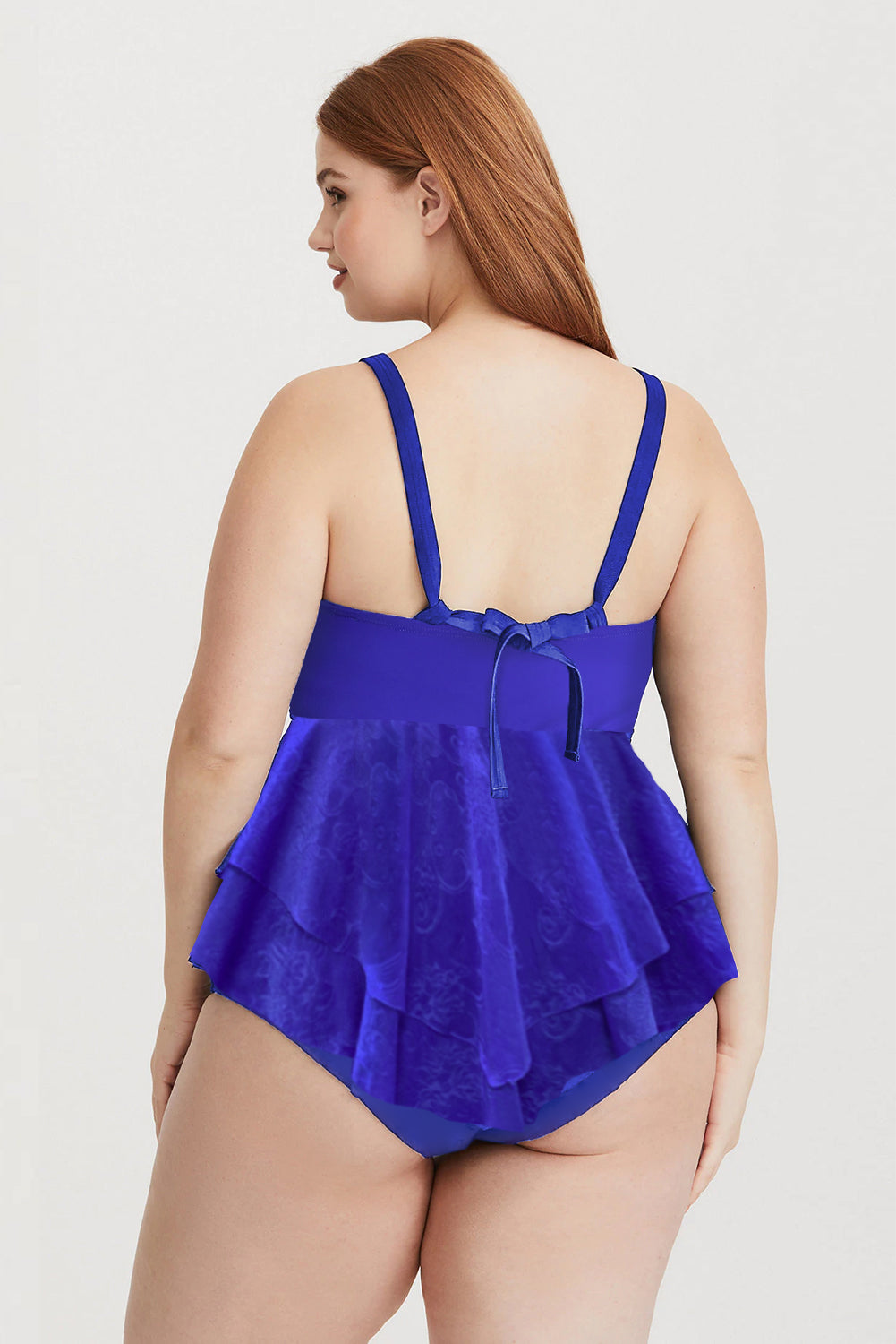 Chic Blue Lace Surplice Peplum Plus Size One Piece Swimsuit