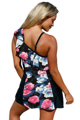Chic Floral Print Ruffle One Shoulder Swim Dress with Shorts