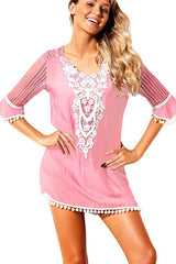 Chic Pink Crochet Pom Pom Trim Beach Tunic Cover up