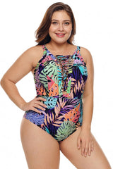 Colorful Tropical Jungle Crisscross Plunge V Neck Plus One Piece Swimwear