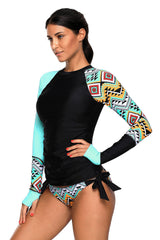 Contrast Blue Black Detail Long Sleeve Tankini Swimsuit