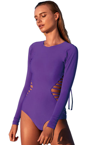 Dark Purple Long Sleeve Strappy Hollow-out One-piece Surf Swimsuit