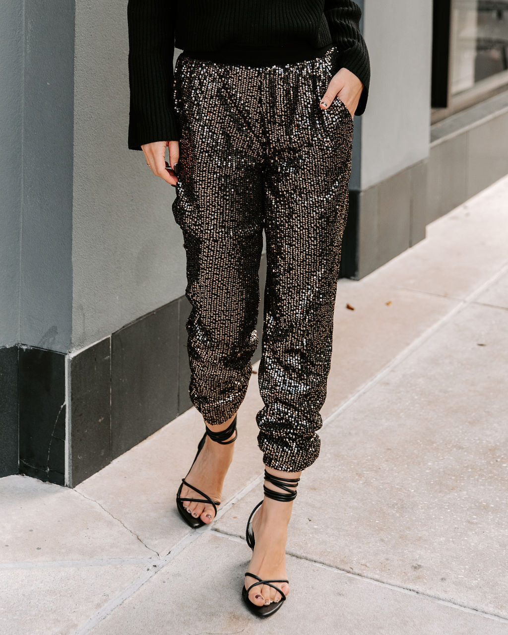 Ziah Pocketed Sequin Joggers - Black