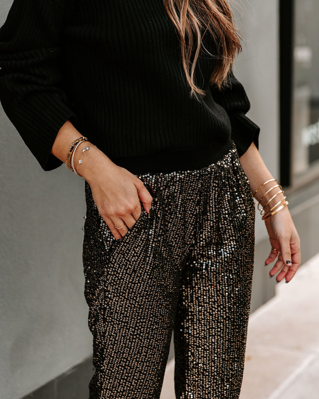 Ziah Pocketed Sequin Joggers - Black