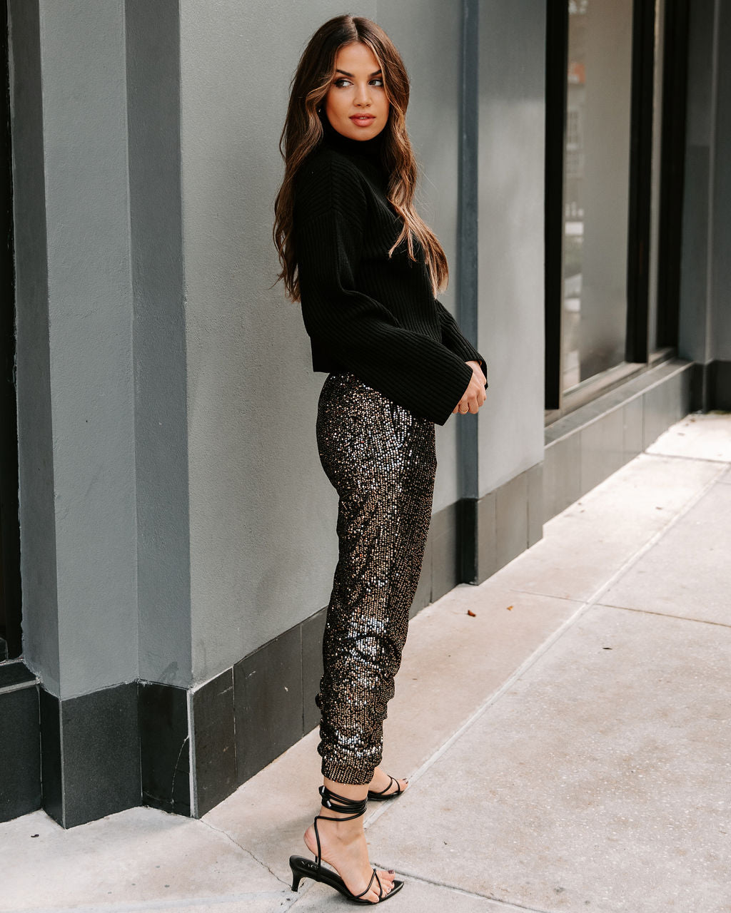 Ziah Pocketed Sequin Joggers - Black