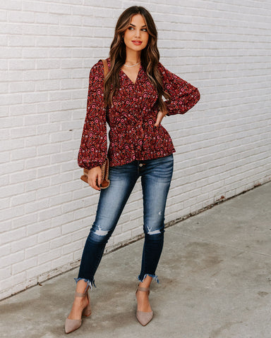 Us Forever Paisley Tie Front Peplum Blouse