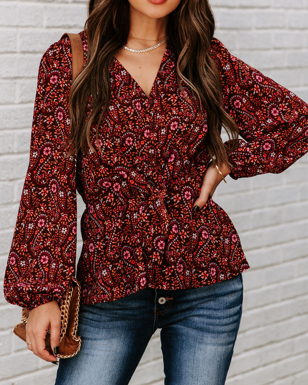 Us Forever Paisley Tie Front Peplum Blouse