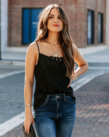 Stop And Stare Cowl Neck Lace Cami Tank - Black