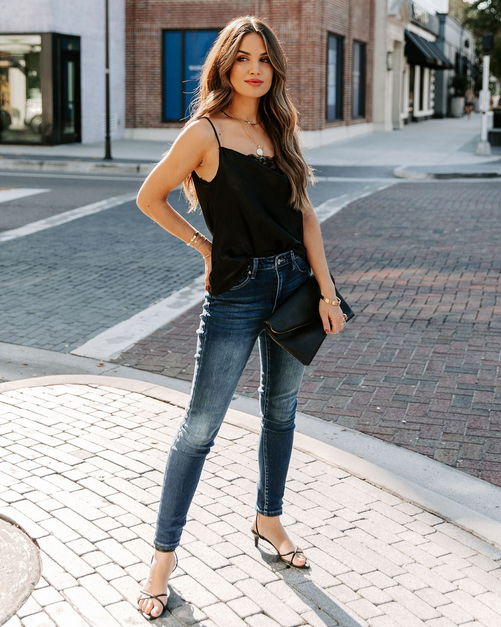 Stop And Stare Cowl Neck Lace Cami Tank - Black