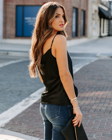 Stop And Stare Cowl Neck Lace Cami Tank - Black