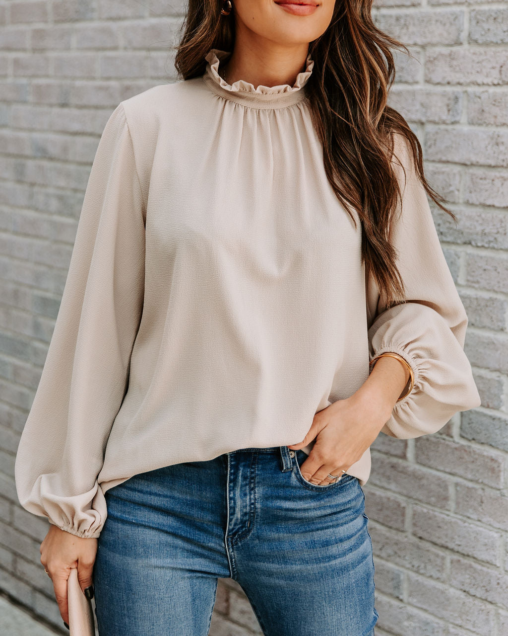 Zea Ruffle Mock Neck Blouse - Ecru