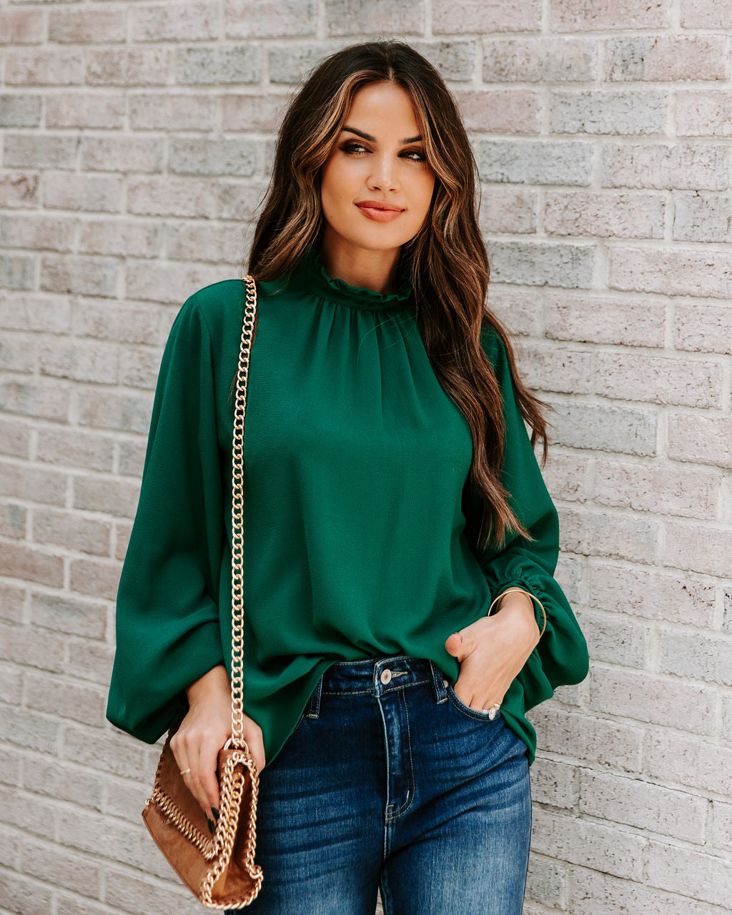 Zea Ruffle Mock Neck Blouse - Hunter Green