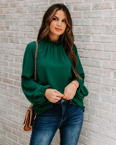 Zea Ruffle Mock Neck Blouse - Hunter Green