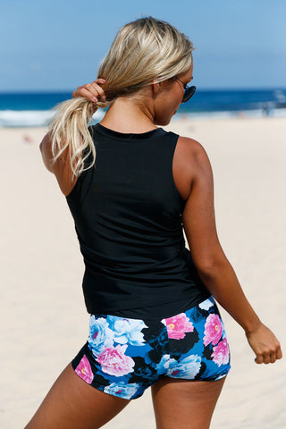 Maillot de bain tankini 2 pièces élégant à fleurs et fermeture éclair sur le devant