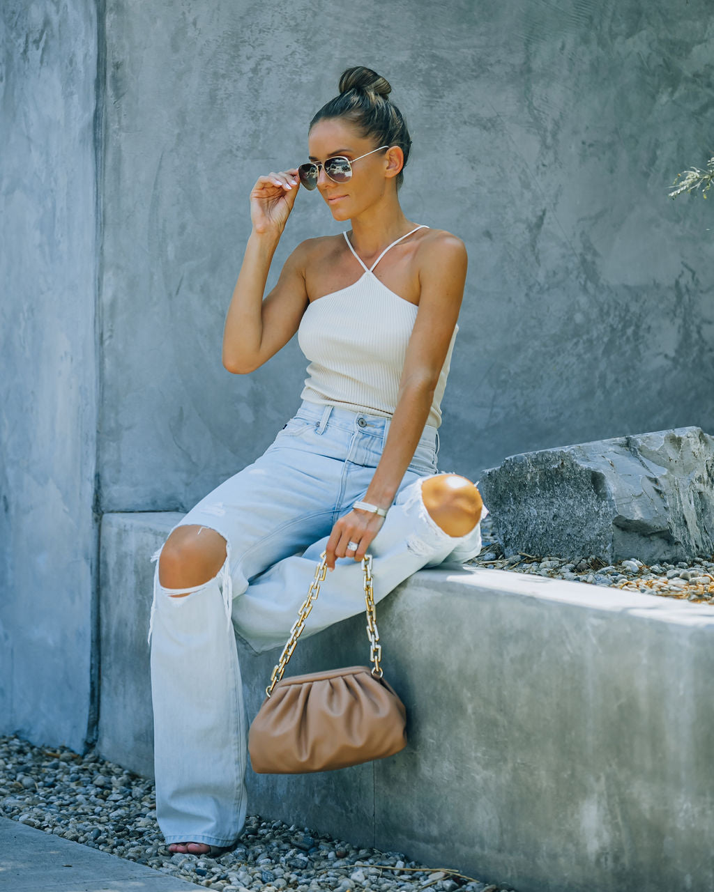 Slick Ribbed Halter Crop Top - Cream