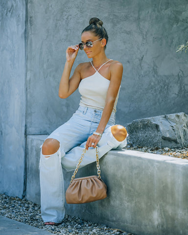 Slick Ribbed Halter Crop Top - Cream