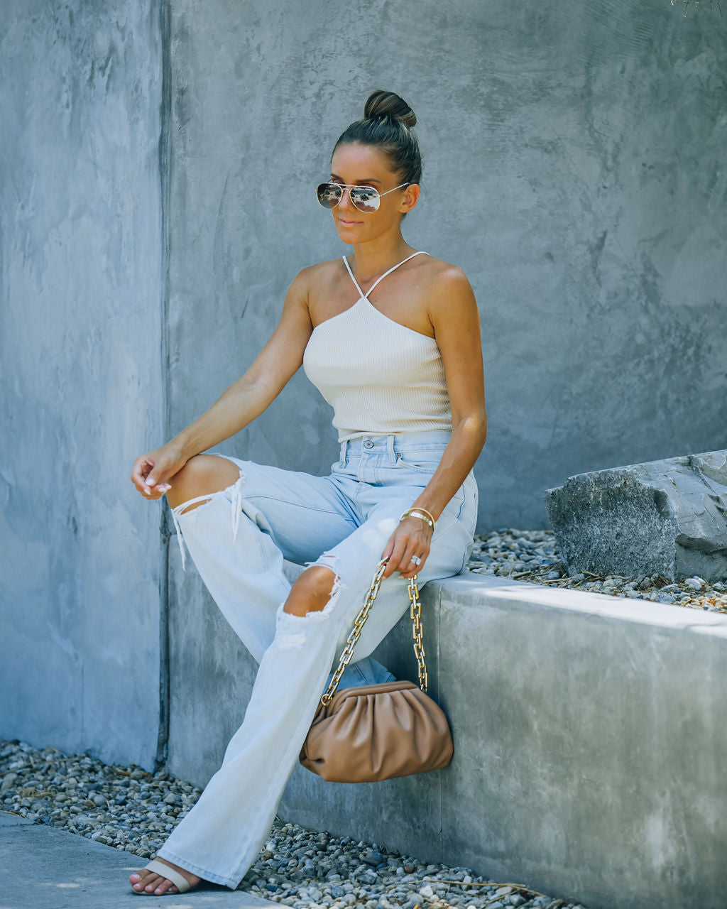 Slick Ribbed Halter Crop Top - Cream