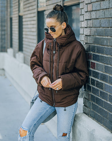 Stay Awhile Pocketed Hooded Puffer Jacket - Chocolate