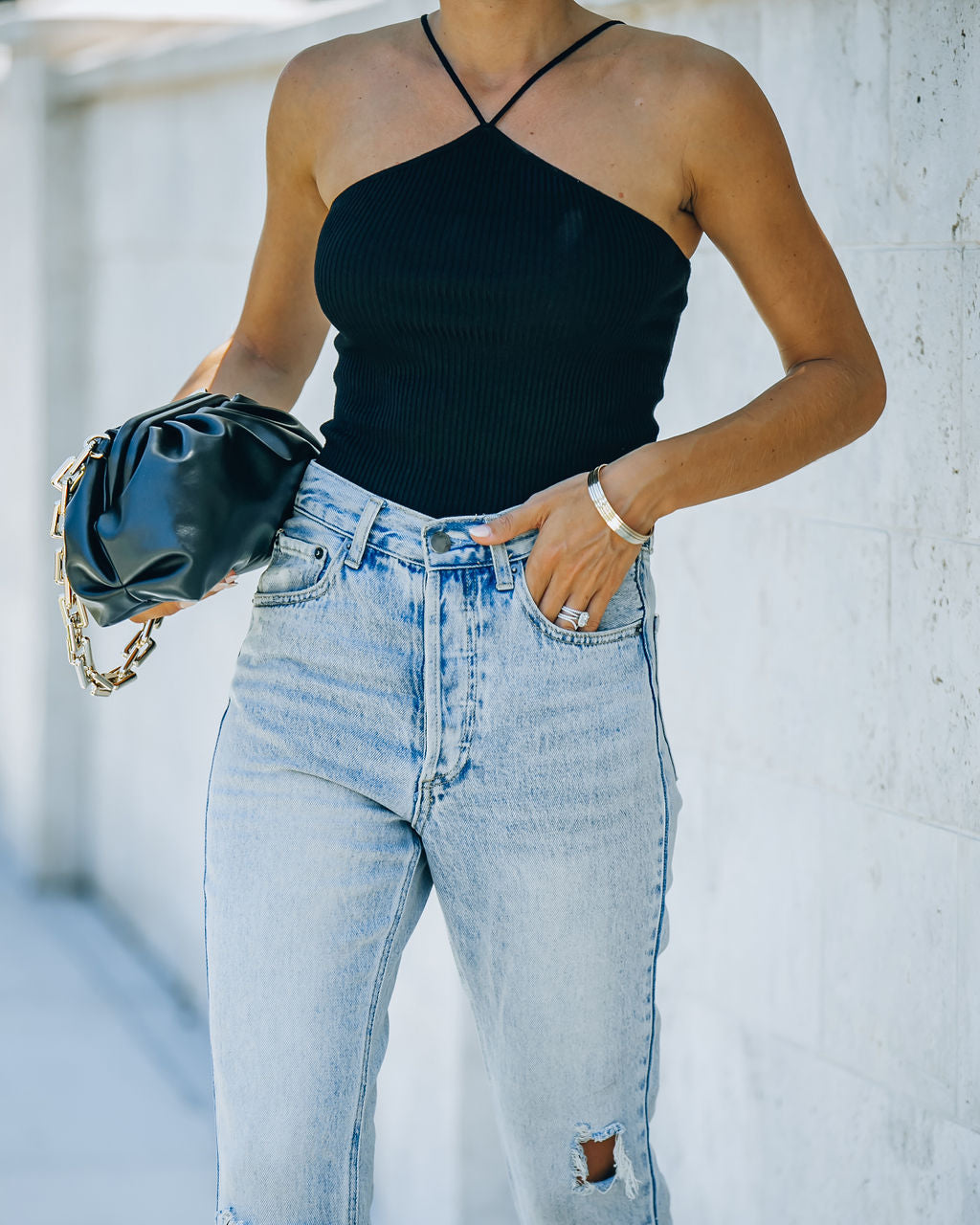 Slick Ribbed Halter Crop Top - Black