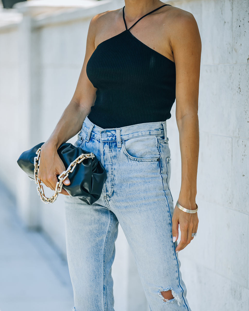 Slick Ribbed Halter Crop Top - Black