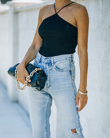 Slick Ribbed Halter Crop Top - Black