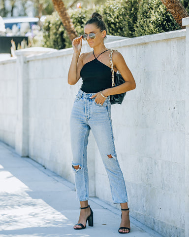 Slick Ribbed Halter Crop Top - Black