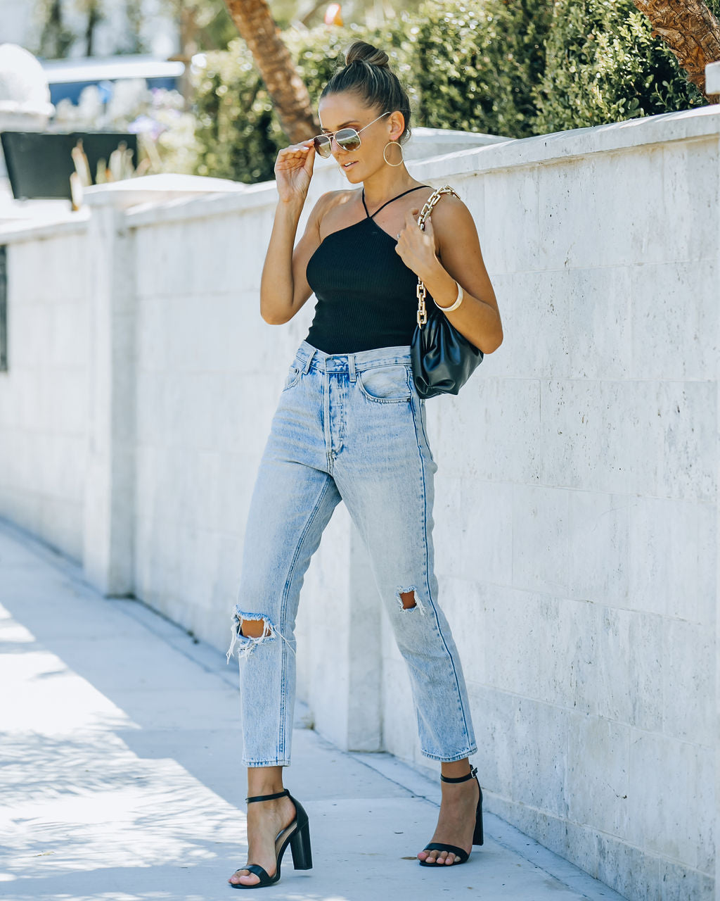 Slick Ribbed Halter Crop Top - Black