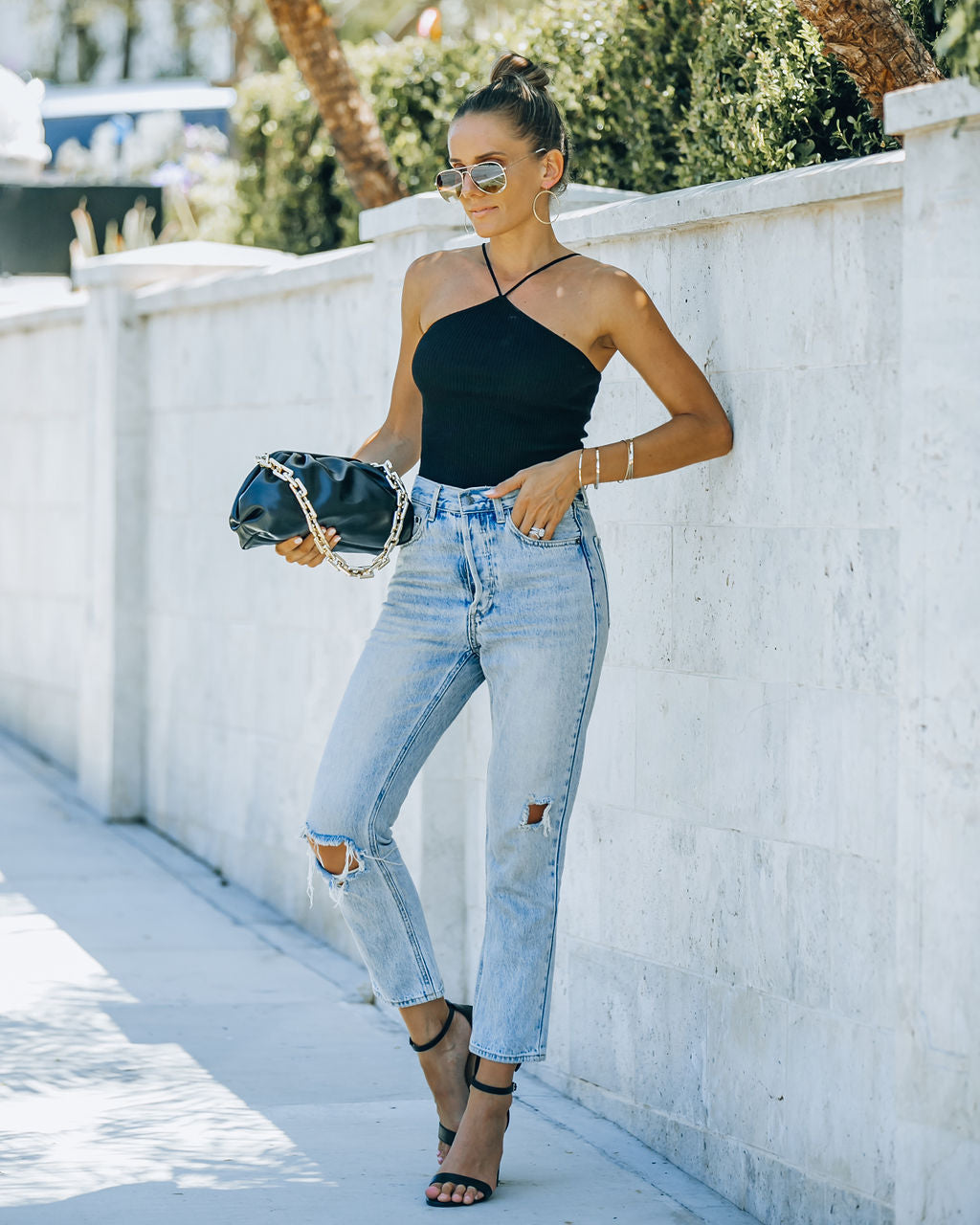 Slick Ribbed Halter Crop Top - Black