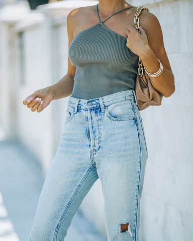 Slick Ribbed Halter Crop Top - Vintage Olive