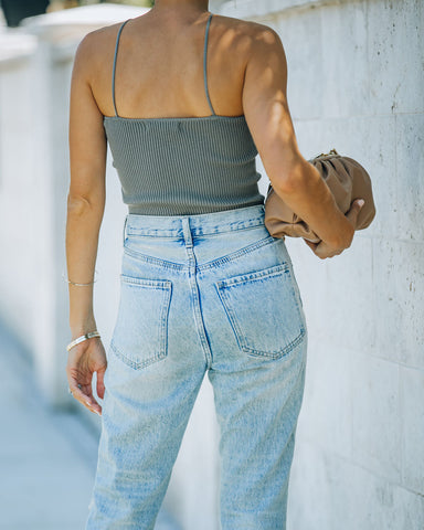 Slick Ribbed Halter Crop Top - Vintage Olive