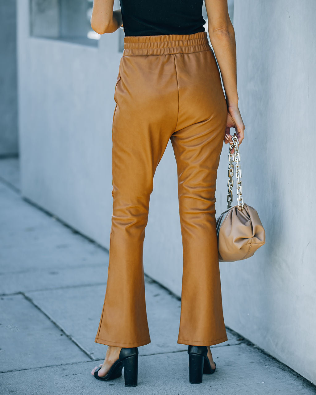 Vira High Rise Faux Leather Flare Pants - Cognac