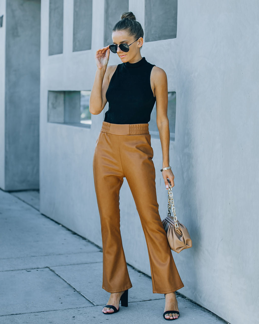 Vira High Rise Faux Leather Flare Pants - Cognac