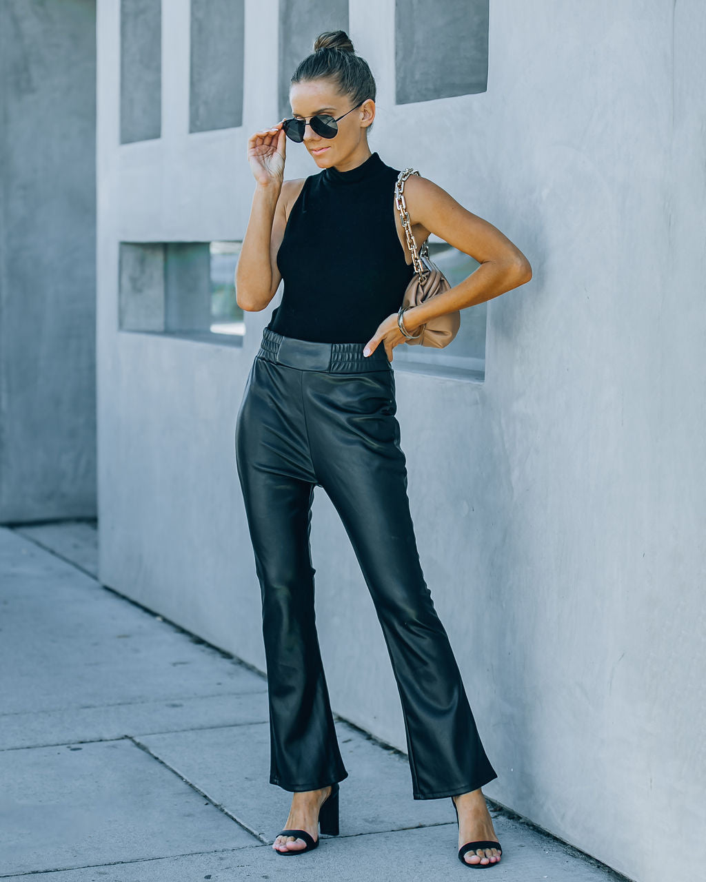 Vira High Rise Faux Leather Flare Pants - Black