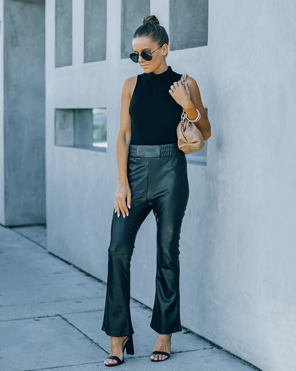 Vira High Rise Faux Leather Flare Pants - Black