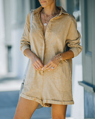 Torrance Cotton Pocketed Romper - Tan