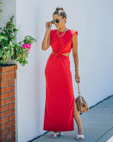 Sweet Escape Cutout Twist Knit Maxi Dress - Red