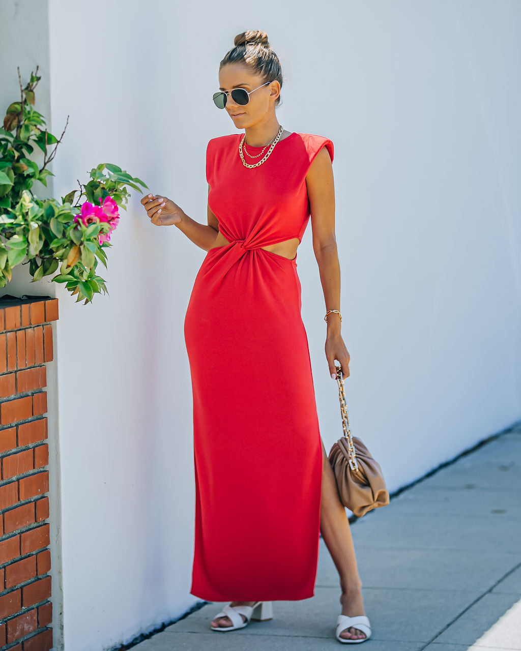 Sweet Escape Cutout Twist Knit Maxi Dress - Red