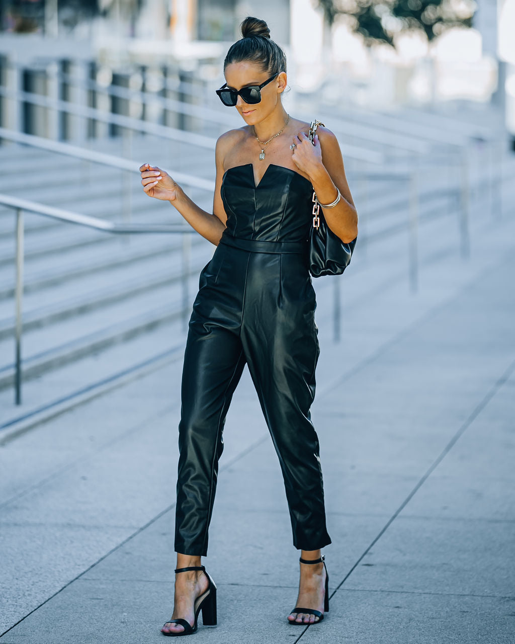 Vivienne Pocketed Strapless Faux Leather Jumpsuit - Black