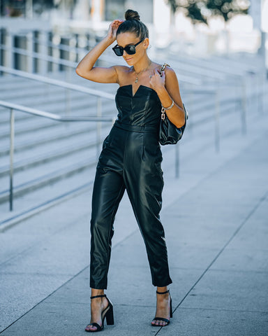 Vivienne Pocketed Strapless Faux Leather Jumpsuit - Black