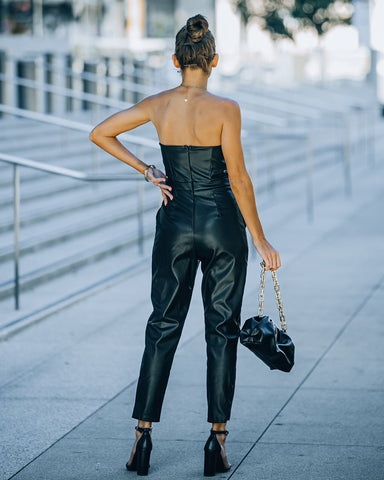 Vivienne Pocketed Strapless Faux Leather Jumpsuit - Black