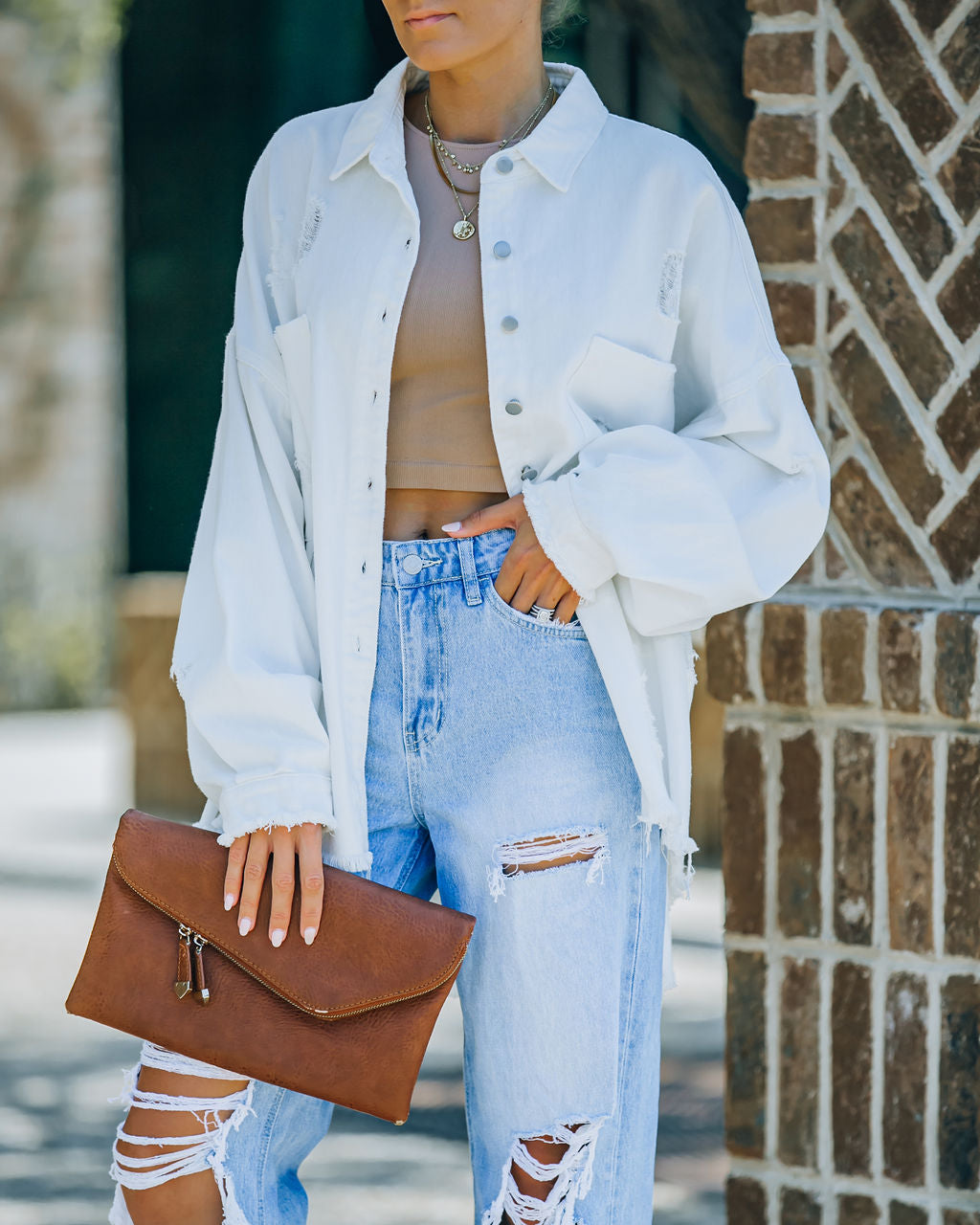 Thinking Out Loud Cotton Distressed Denim Jacket - Off White