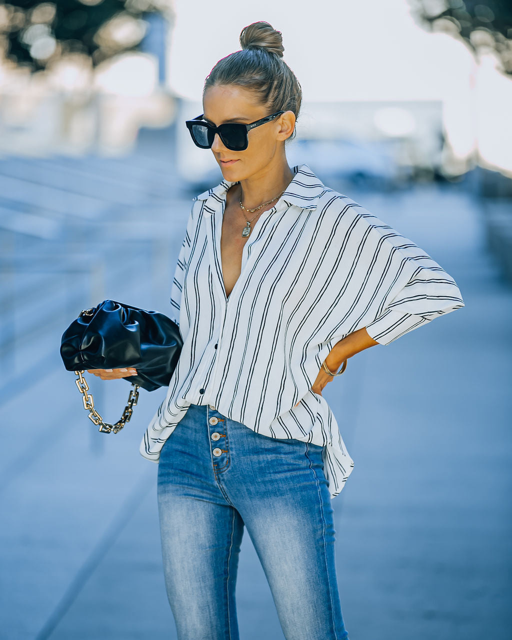 Xara Striped Button Down Blouse - White