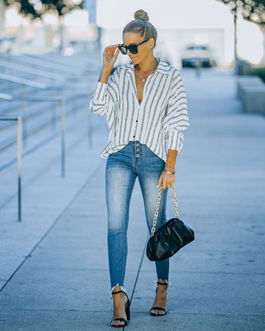 Xara Striped Button Down Blouse - White