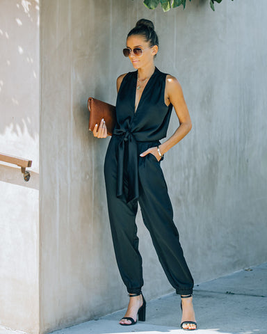 Upstage Pocketed Tie Front Satin Jumpsuit