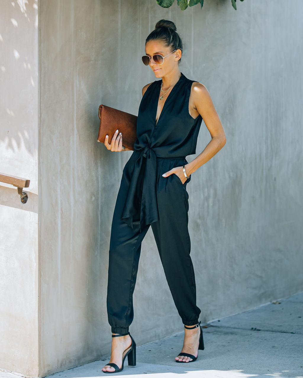 Upstage Pocketed Tie Front Satin Jumpsuit