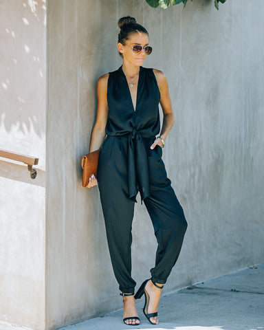 Upstage Pocketed Tie Front Satin Jumpsuit