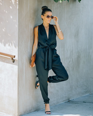 Upstage Pocketed Tie Front Satin Jumpsuit