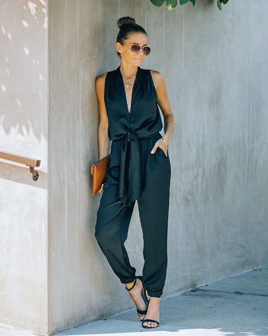 Upstage Pocketed Tie Front Satin Jumpsuit