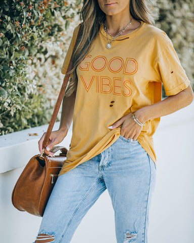 Vintage Distressed Cotton Good Vibes Tee